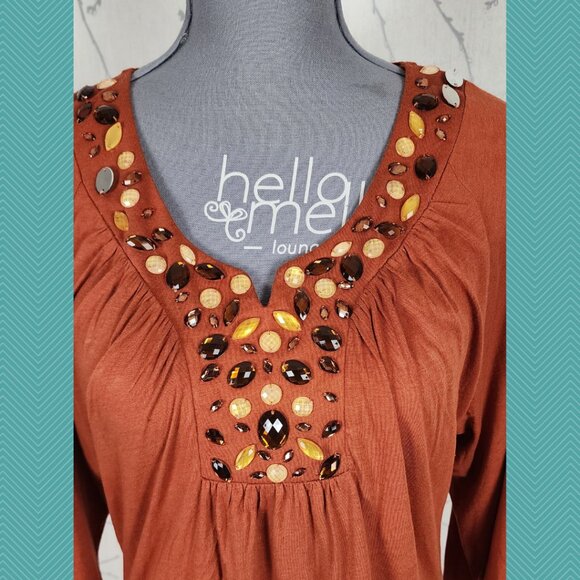 Reba Orange Cotton Blend Beaded Jewel Half Sleeve Top - Picture 2 of 5